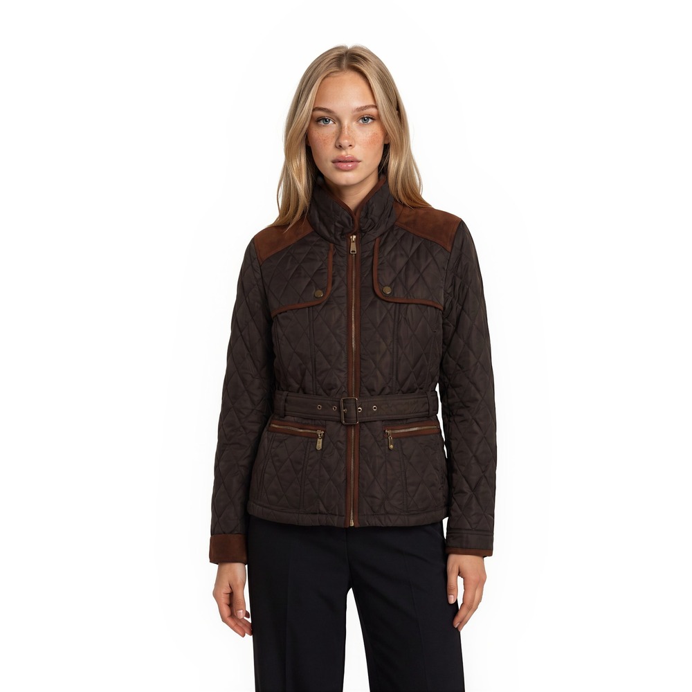 Vince Camuto Barn Jacket Women's Size Large Brown Quilted Belted Elbow Patches